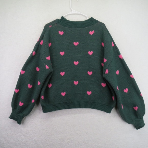 Shein Sweater Womens XL Green Pink Heart Print Pullover Crewneck Knit Cute Cozy - Picture 3 of 8